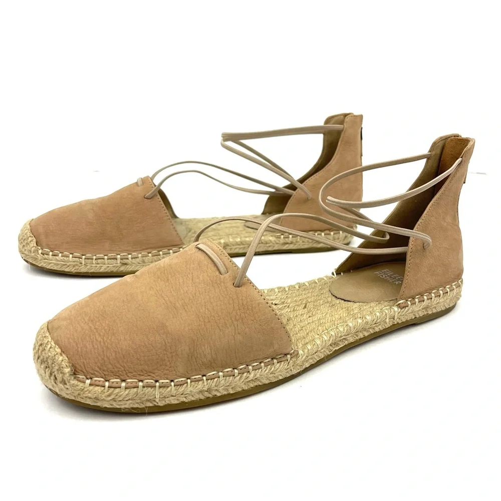 Eileen Fisher Flat Elastic Lace Espadrille Beige Nubuck Leather